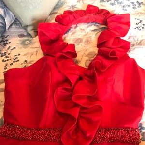 Gorgeous cherry red halter style gown with beaded waist!